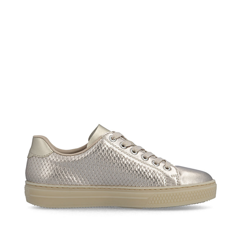 Baskets basses Rieker métalliques pour femme L5955-90 en cuir lisse. Côté intérieur de la chaussure.