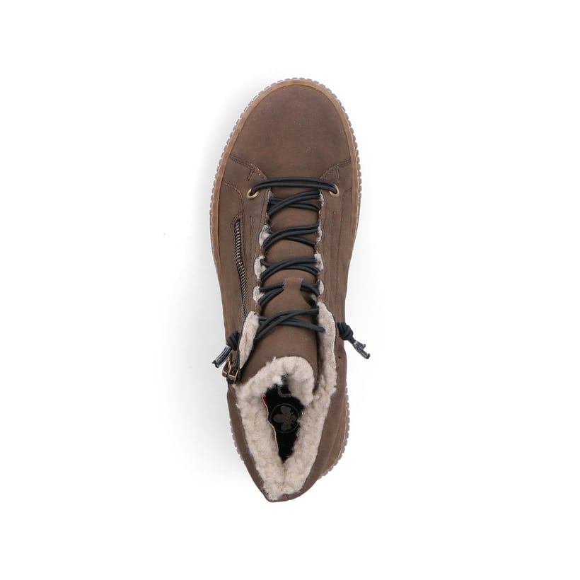 Dunkelbraune Rieker Damen Kurzstiefel Z6660-25 mit einem Reißverschluss. Schuh von oben.