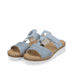 Blaue Rieker Damen Pantoletten V1243-10 mit einem Klettverschluss. Schuhpaar seitlich schräg.