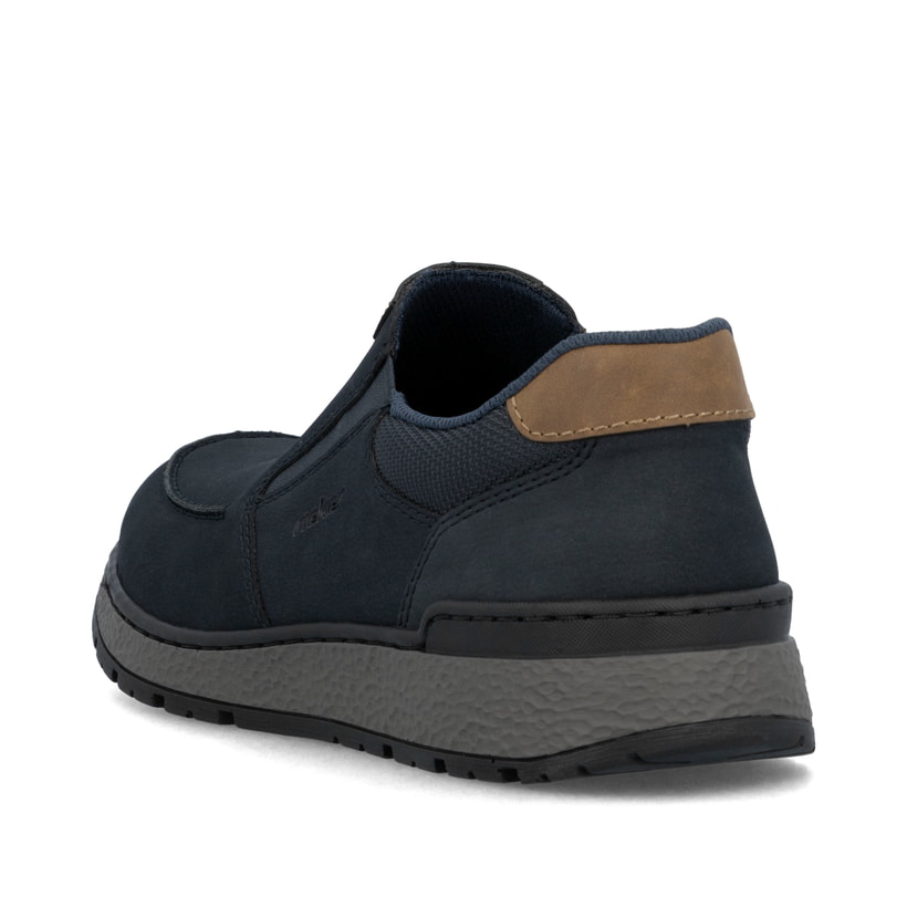 Dunkelblaue Rieker Herren Slipper B9062-15 mit einer schockabsorbierenden Sohle. Schuh von hinten