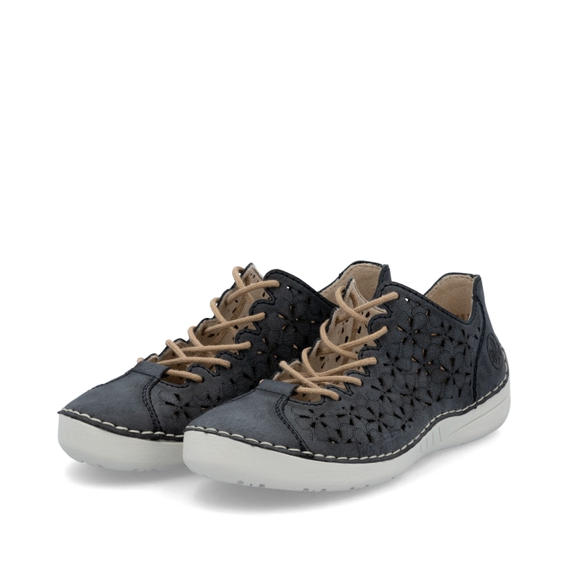 Blaue Rieker Damen Schnürschuhe 52518-14 in Löcheroptik. Schuhpaar seitlich schräg.