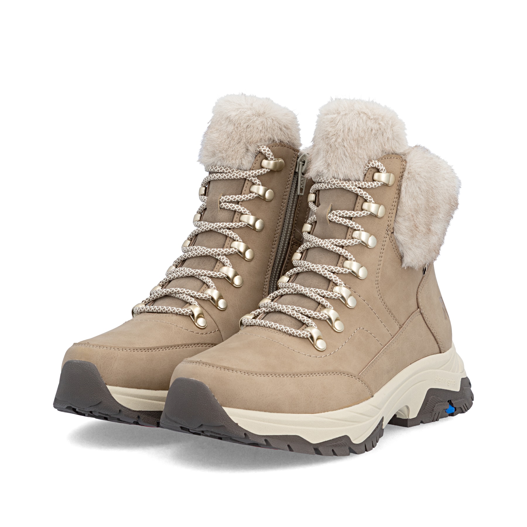 Beige Rieker Damen Schnürstiefel Z3971-20 aus Rauleder mit dem Glacier Grip. Schuhpaar seitlich schräg.