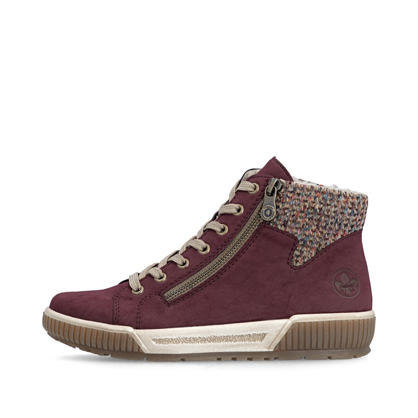Bordeauxfarbene Rieker Damen Schnürstiefel N0709-35 mit einem Reißverschluss. Schuh Außenseite.
