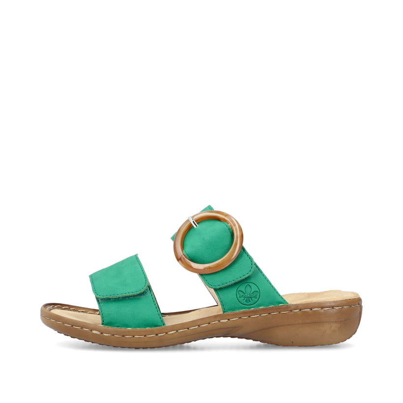 Grüne Rieker Damen Pantoletten 60894-52 mit einem Klettverschluss. Schuh Außenseite.
