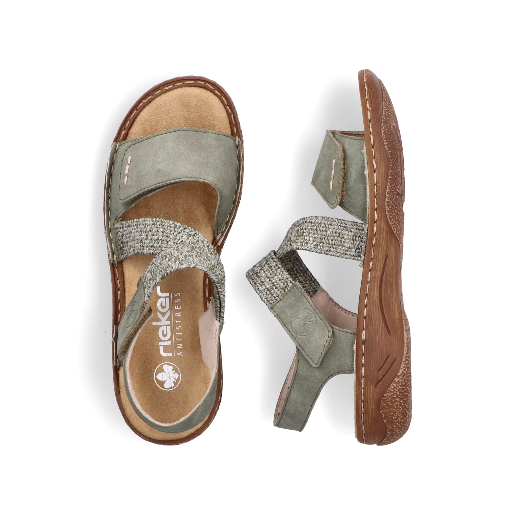 Grüne Rieker Damen Riemchensandalen V2862-52 mit einem Klettverschluss. Schuh von oben, liegend.