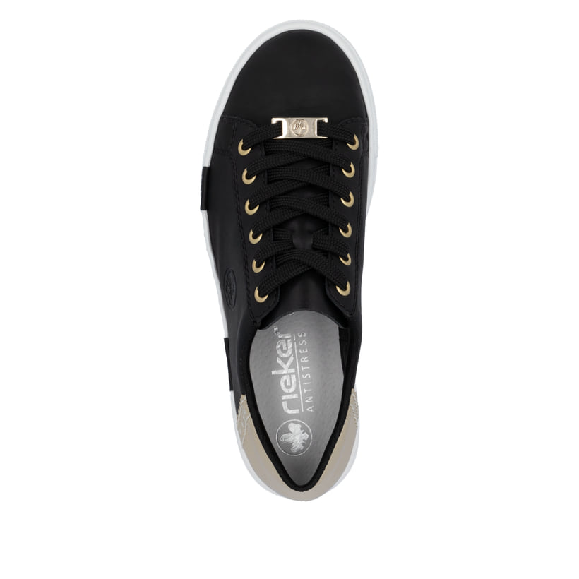 Schwarze Rieker Damen Sneaker Low N4931-00 mit einer Schnürung. Schuh von oben.
