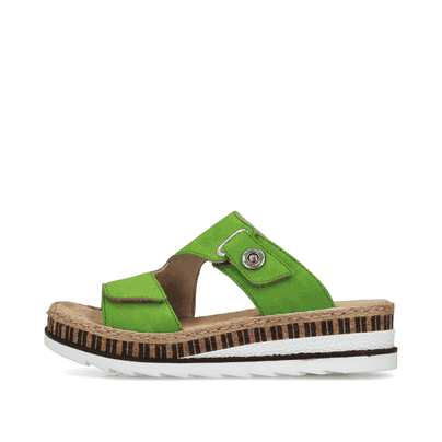 Grüne Rieker Damen Pantoletten V7982-52 mit einem Klettverschluss. Schuh Außenseite.