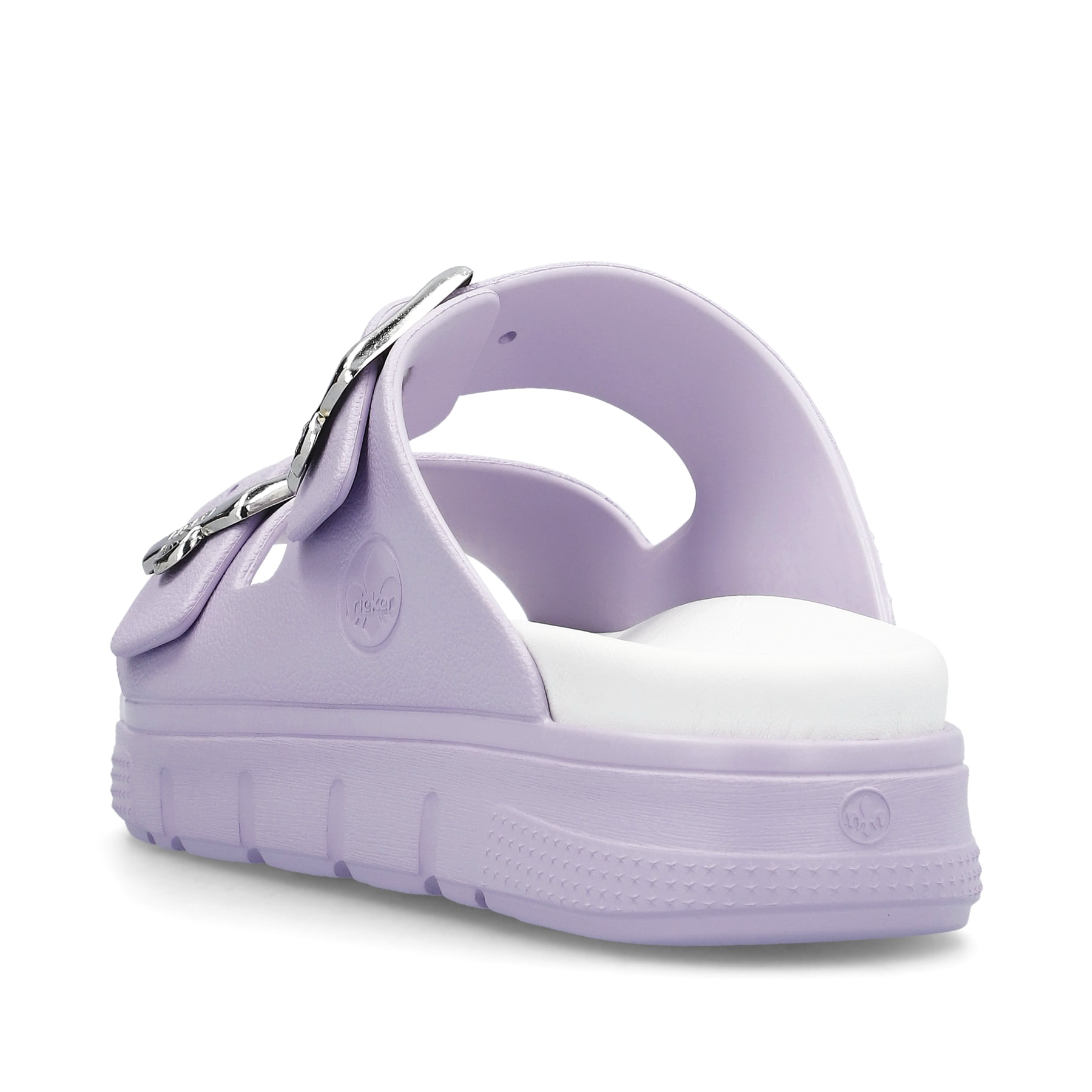 Fliederfarbene Rieker Damen Pantoletten P2180-30 mit einer Schnalle. Schuh von hinten.