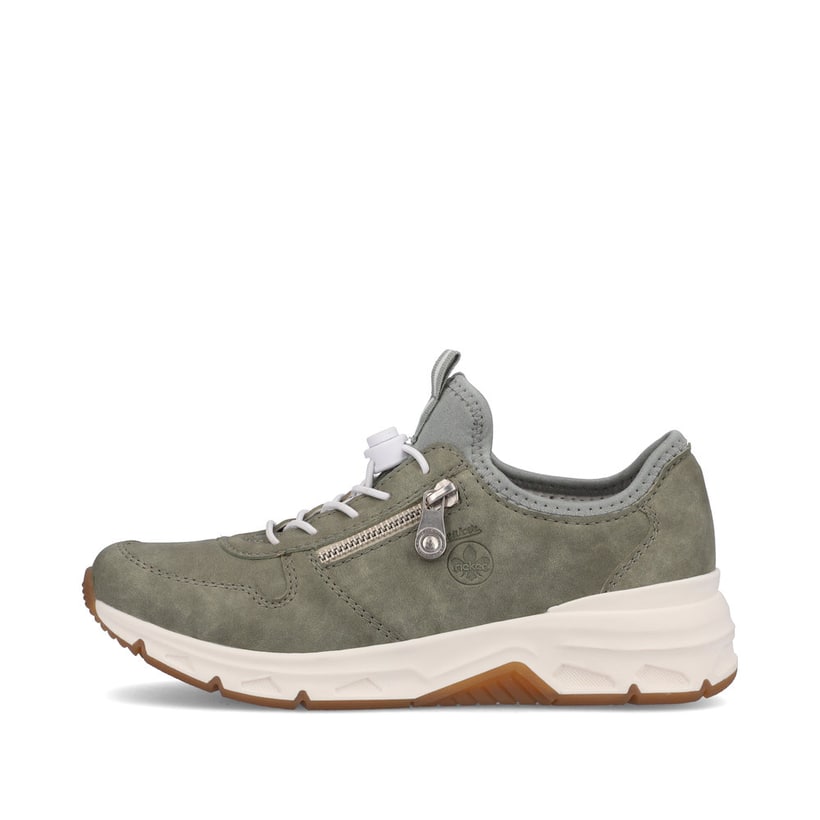 
Grüngraue Rieker Damen Slipper 48163-52 mit Gummizug sowie einer robusten Profilsohle. Schuh Außenseite