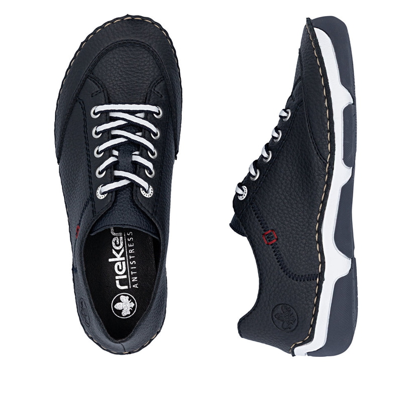 Blaue Rieker Damen Schnürschuhe 55901-14 aus Glattleder mit modernen Ziernähten. Schuh von oben, liegend.