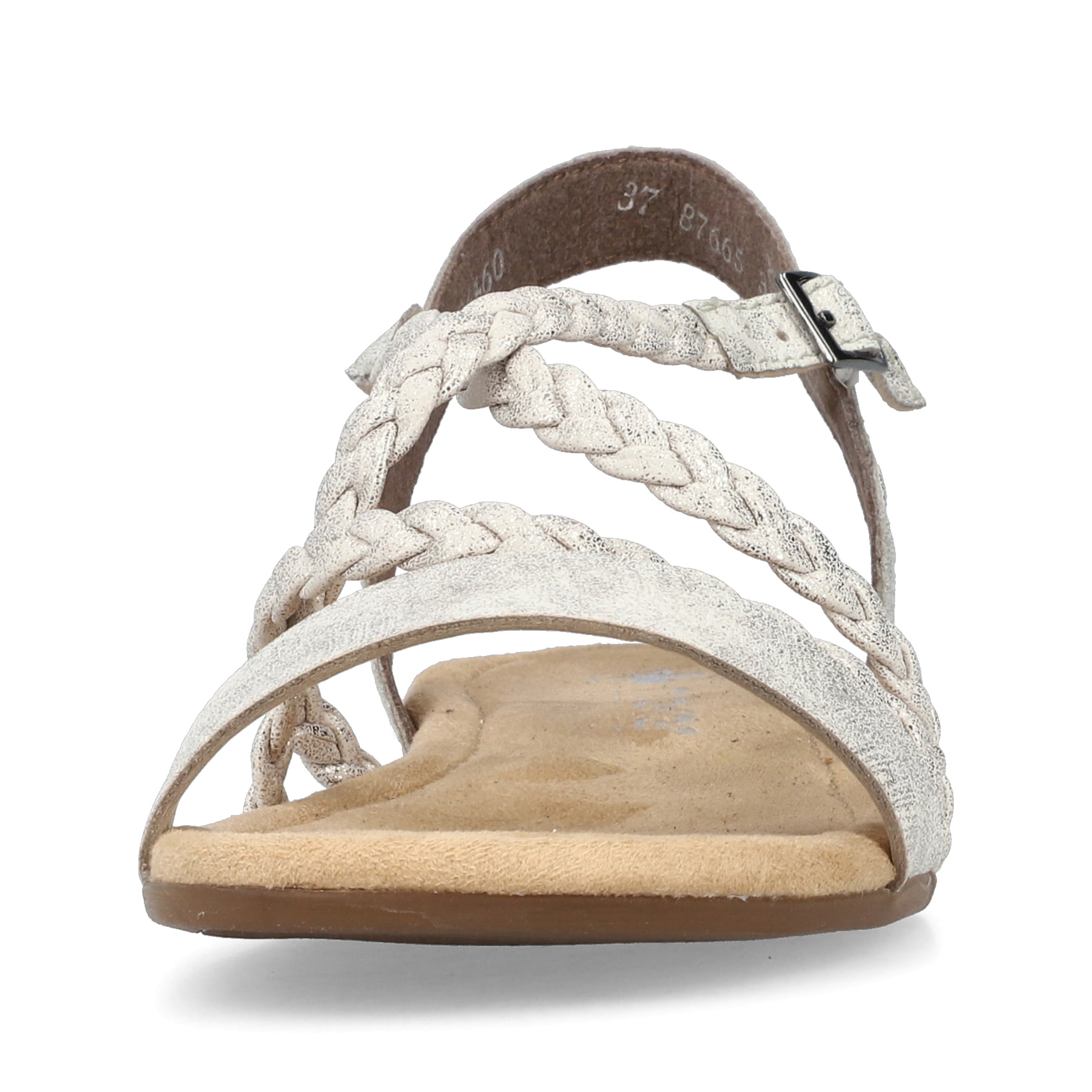 Beige Rieker Damen Riemchensandalen 65264-60 mit Schnalle sowie griffiger Sohle. Schuh von vorne.