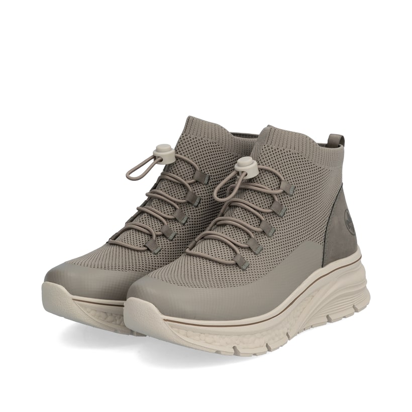 Graue vegane Rieker Damen Sneaker High 48059-64 mit einer ultraleichten Sohle. Schuhpaar seitlich schräg.