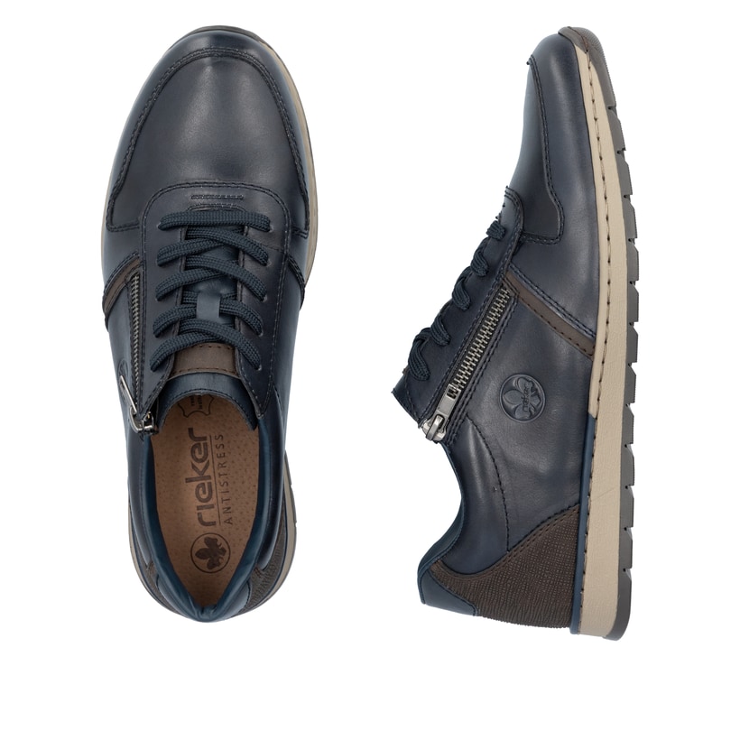 Baskets basses Rieker bleues pour homme B2112-14 en cuir lisse. Chaussure vue de dessus, couchée.