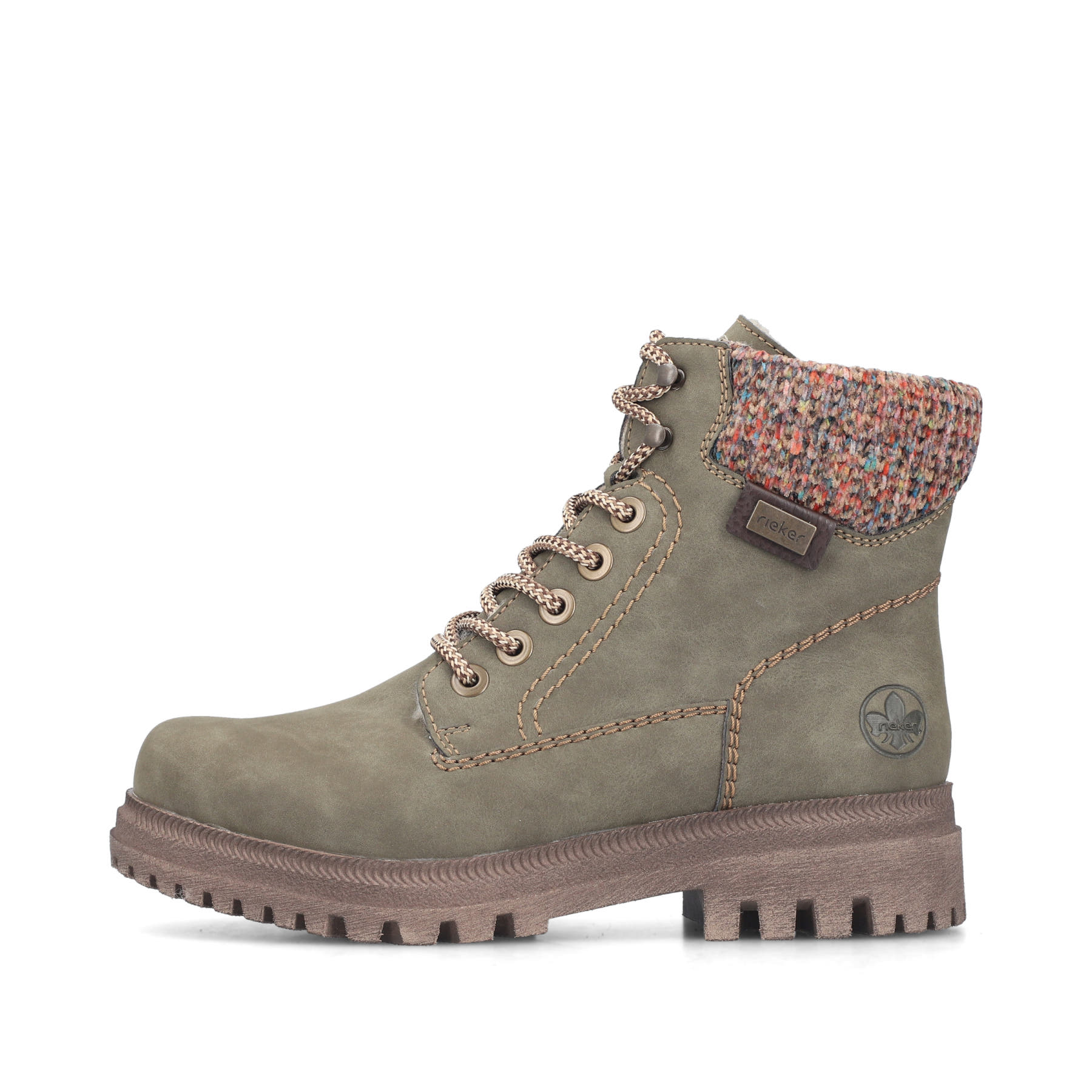 Hellgrüne Rieker Damen Schnürstiefel Y7621-54 mit Strick-Kragen. Schuh Außenseite.