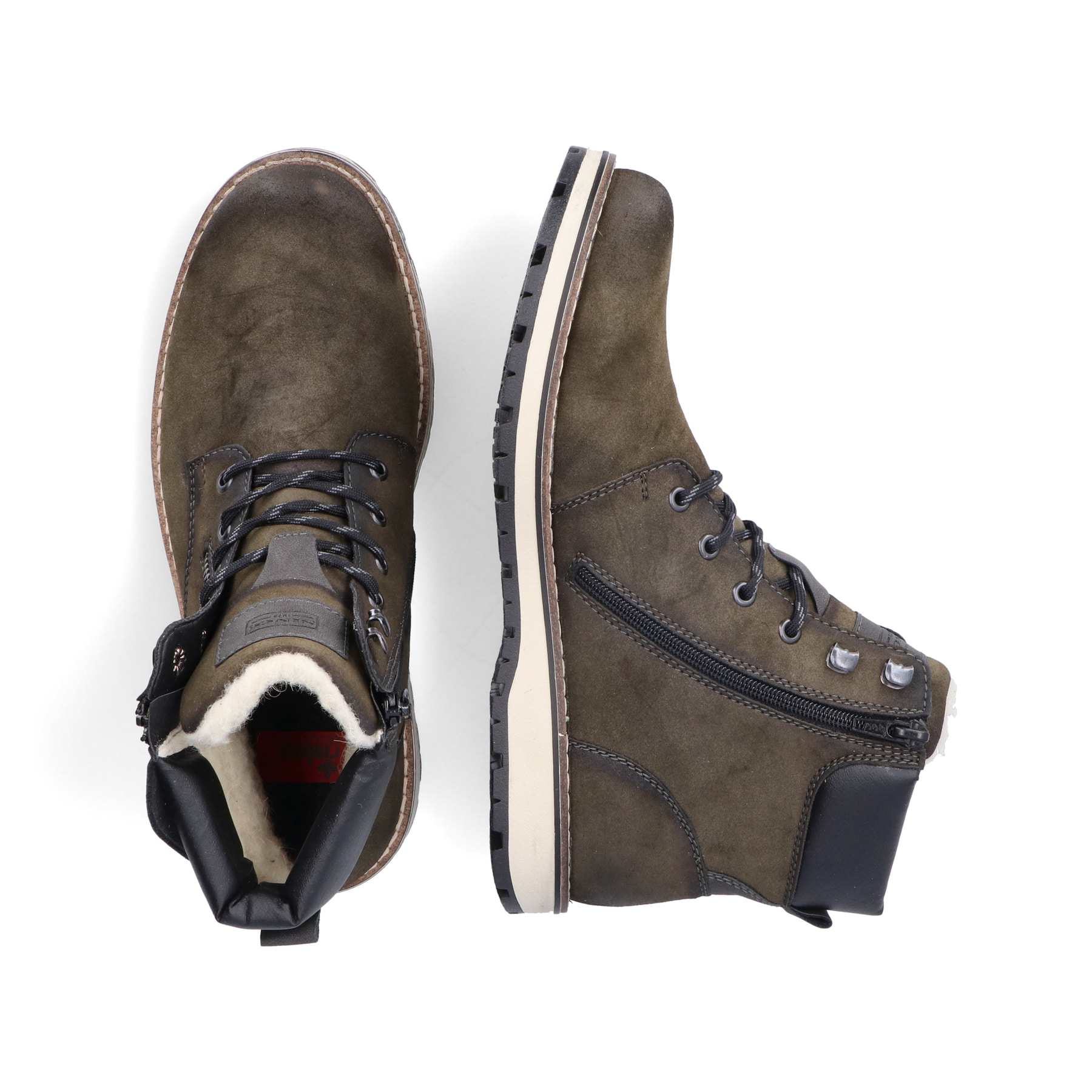 Grüne Rieker Herren Schnürstiefel 38425-54 mit wasserabweisender TEX-Membran. Schuh von oben, liegend.