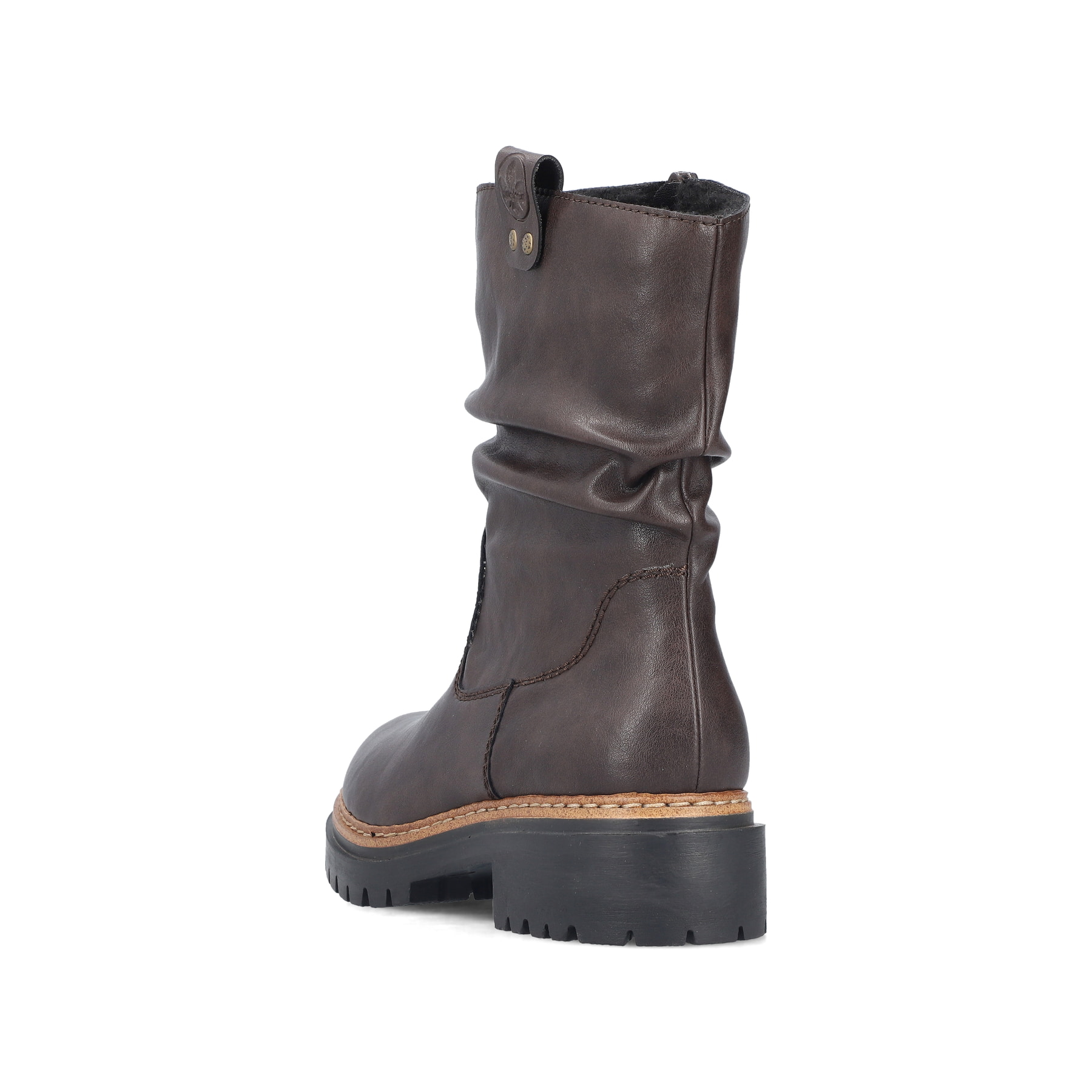 Dunkelbraune Rieker Damen Kurzstiefel 72684-25 mit gerafftem Schaft. Schuh von hinten.