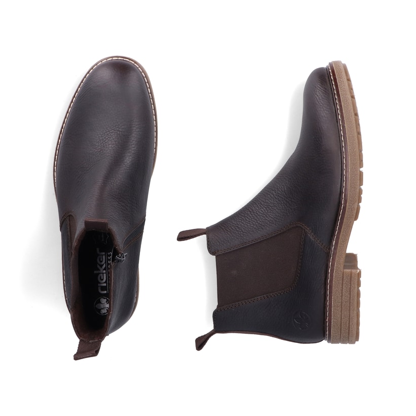 Dunkelbraune Rieker Herren Chelsea Boots 33180-27 aus Glattleder. Schuh von oben, liegend.