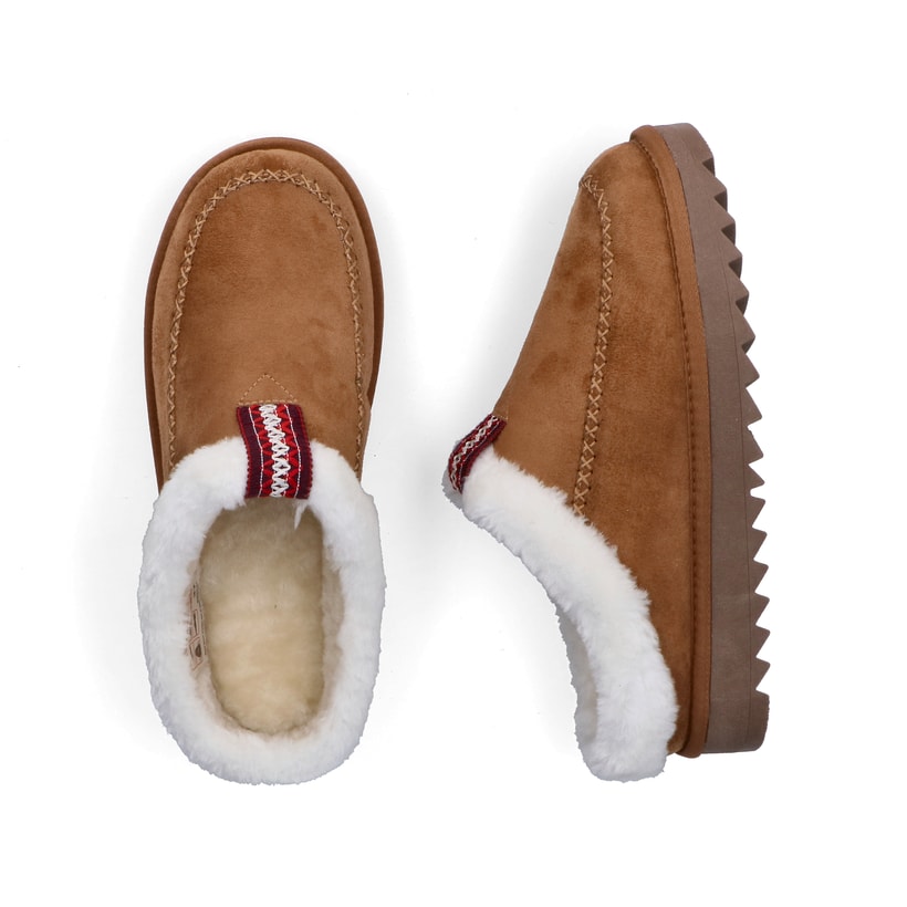 Hellbraune Rieker Damen Clogs 99890-24 mit Fellschaftrand sowie Komfortweite G. Schuh von oben, liegend.