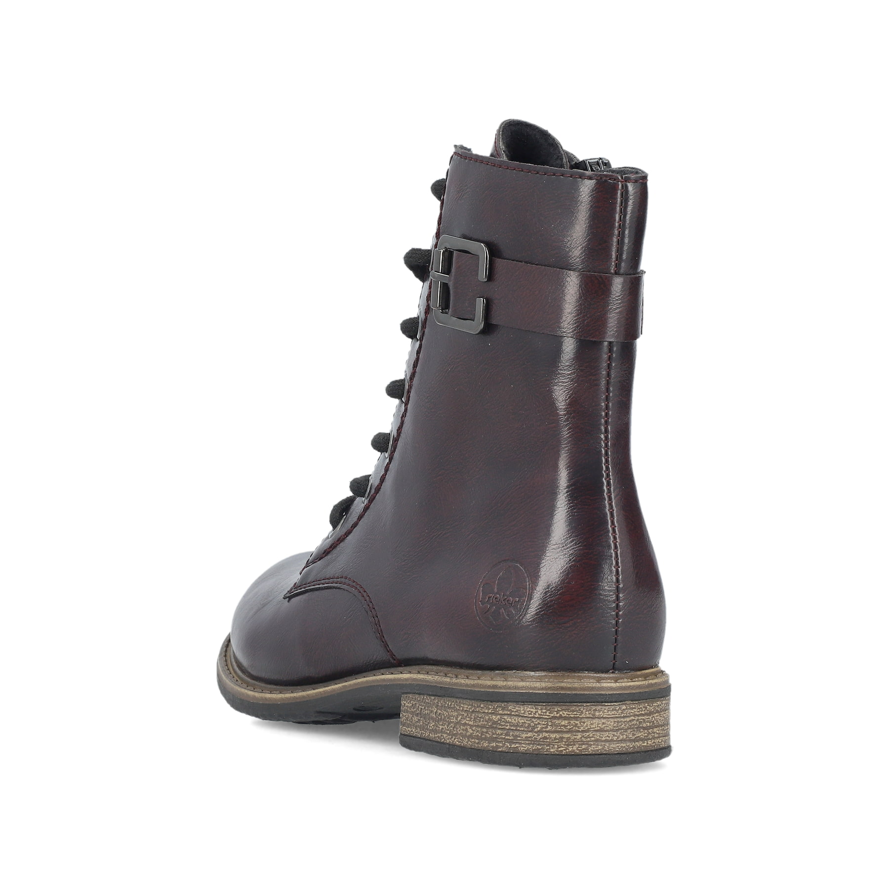 Schwarzrote Rieker Damen Schnürstiefel 74802-35 mit trendiger Schnalle. Schuh von hinten.