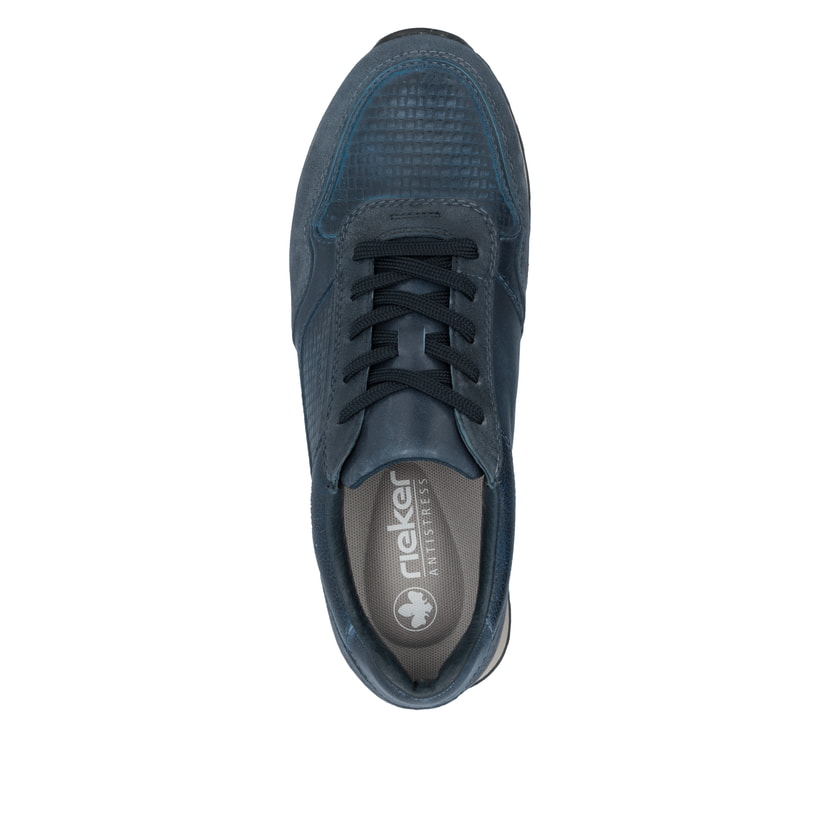 Blaue Rieker Herren Sneaker Low U0311-15 aus Glattleder mit einer Schnürung. Schuh von oben.