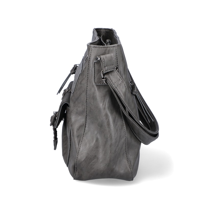 Rieker Handtasche H1340-42 in Grau mit geflochtenem Deko-Riemen, Reißverschluss und Handyfach. Linksseitig.