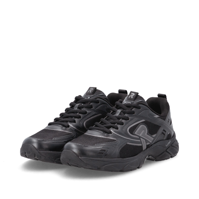 Schwarze Rieker Sport Damen Sneaker Low W4202-00. Schuhpaar seitlich schräg.