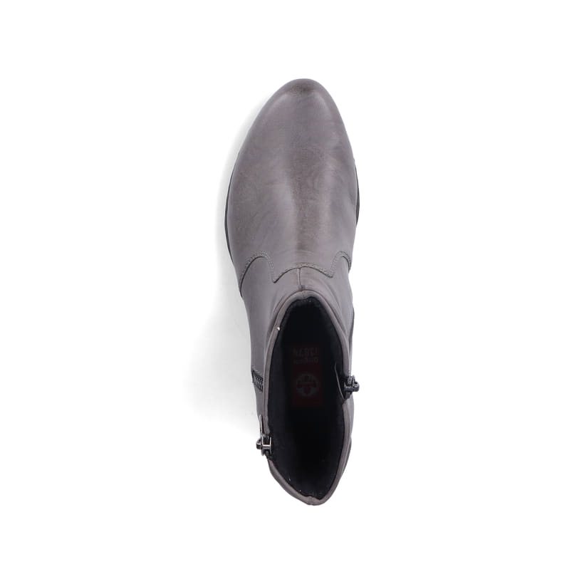 Mondgraue Rieker Damen Stiefeletten Y0741-45 mit Reißverschluss sowie Blockabsatz. Schuh Laufsohle