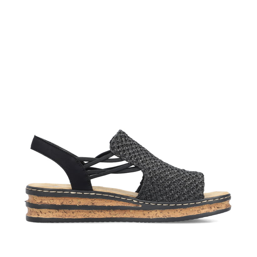 Schwarze Rieker Keilsandaletten 62941-00 mit einem Gummizug. Schuh Innenseite.