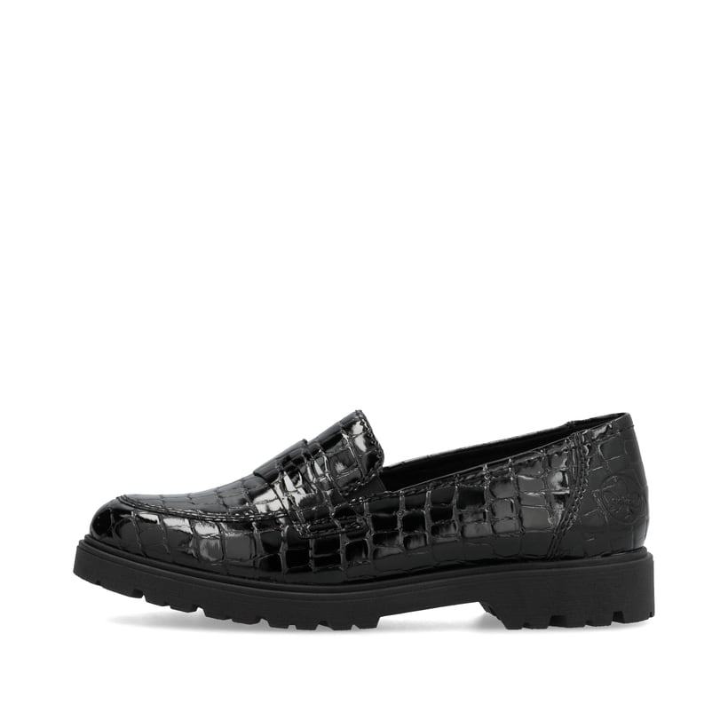 Glanzschwarze Rieker Damen Loafer 45560-03 mit einer extra weichen Decksohle. Schuh Außenseite.