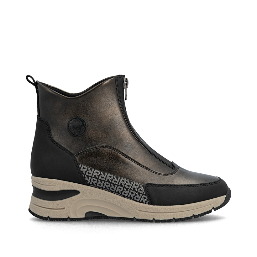 Bronzene Rieker Damen Kurzstiefel N9381-60 mit Metallic-Finish. Schuh Außenseite gespiegelt.