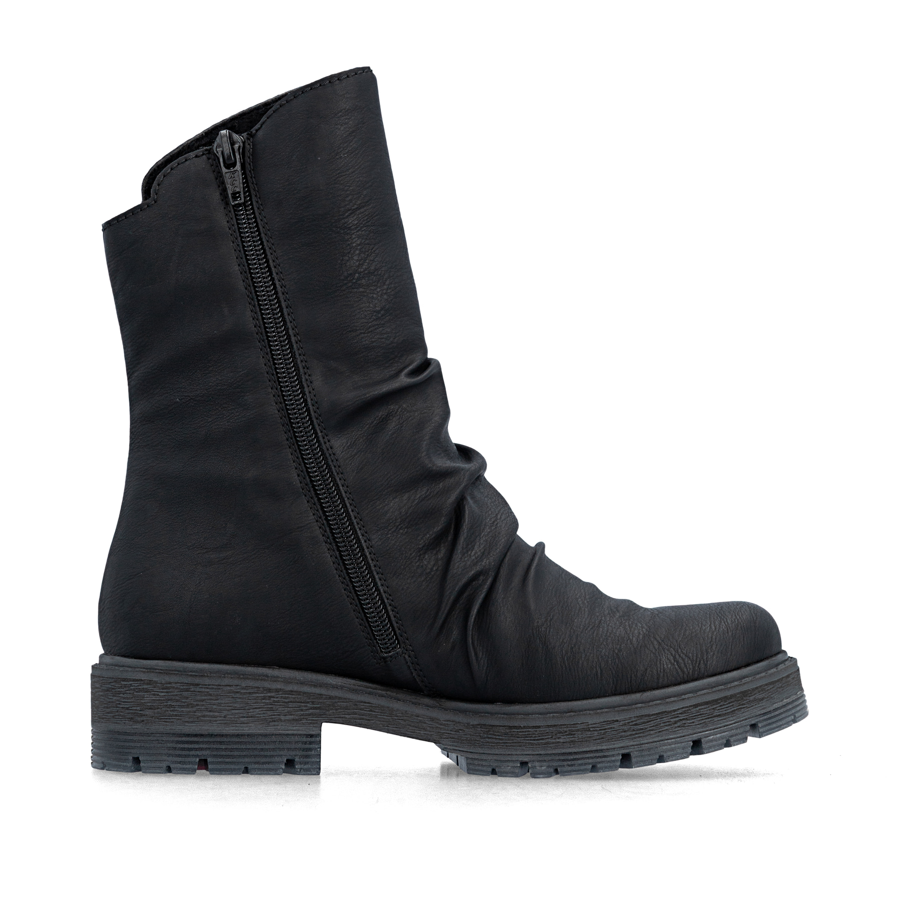 Schwarze Rieker Damen Kurzstiefel 75851-00 mit modischer Faltenoptik. Schuh Innenseite.