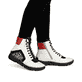 Weißschwarze Rieker Damen Schnürstiefel 45904-60 mit einem Reißverschluss. Schuh am Fuß.