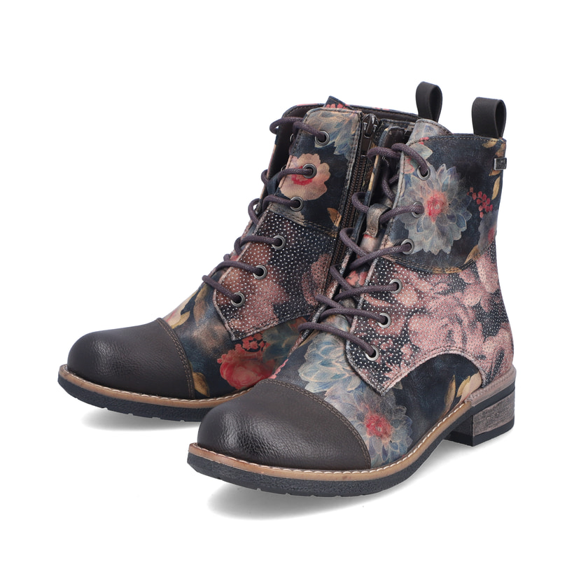 Mehrfarbige Rieker Damen Schnürstiefel 94611-91 mit einem Reißverschluss. Schuhpaar seitlich schräg.