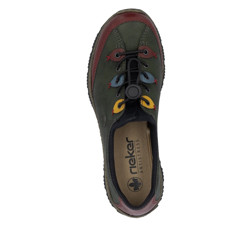 Dunkelgrüne Rieker Damen Slipper N3271-54 mit farbenfrohen Details. Schuh von oben.