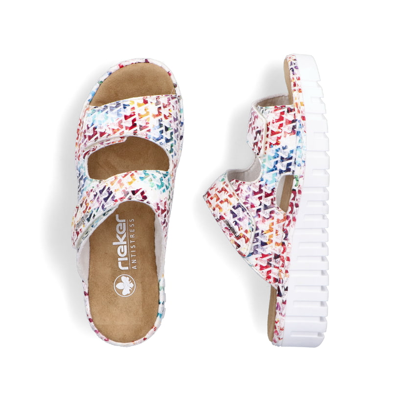 Mehrfarbige Rieker Damen Pantoletten V1392-90 mit einem Klettverschluss. Schuh von oben, liegend.