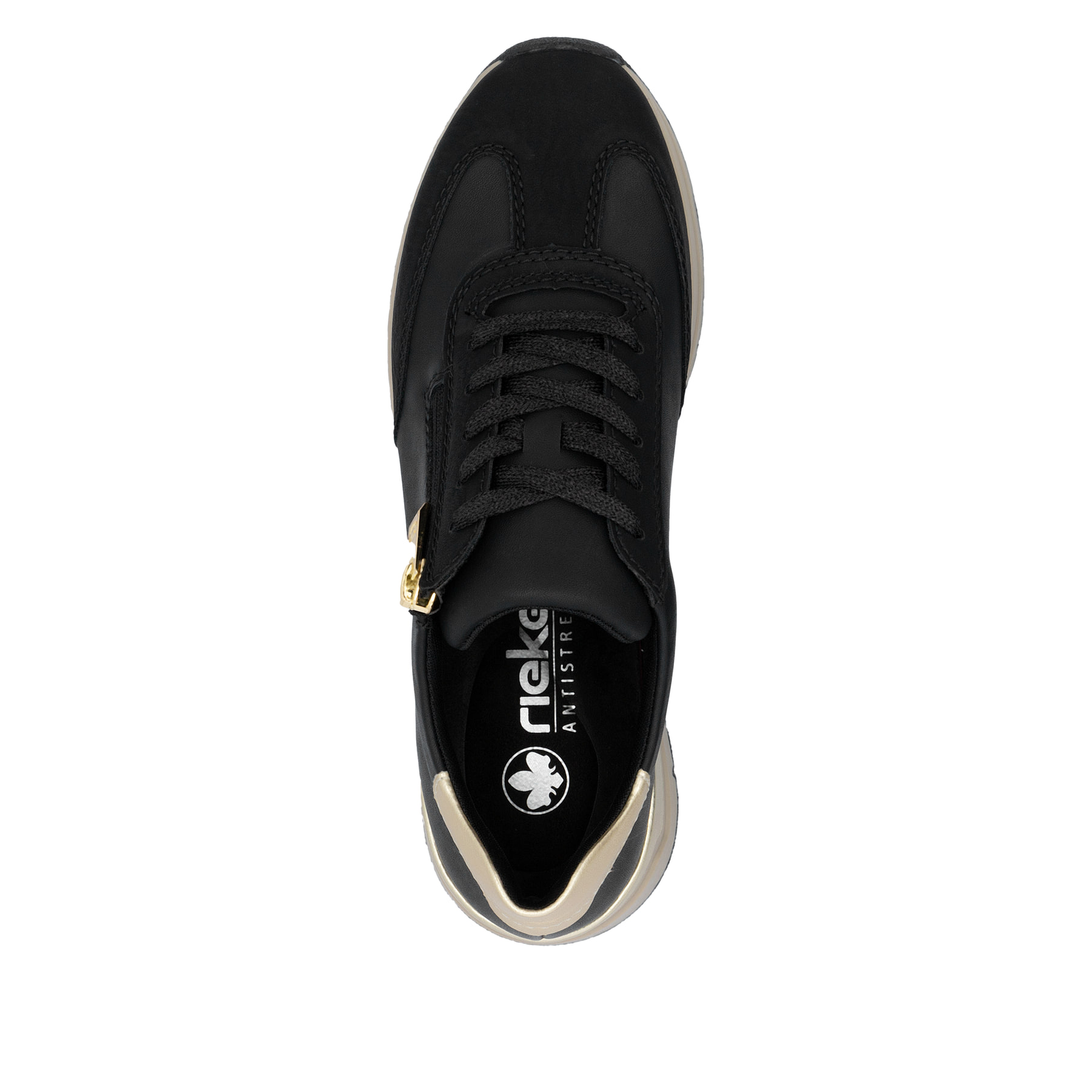 Schwarze Rieker Damen Sneaker Low 58923-00 mit einem Reißverschluss. Schuh von oben.