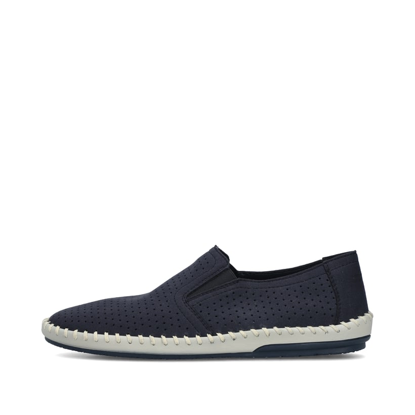 Blaue Rieker Herren Slipper B4555-14 mit einem Gummizug sowie Komfortweite G 1/2. Schuh Außenseite.