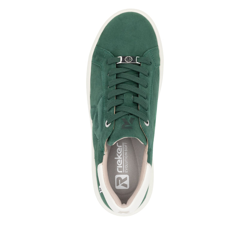 Baskets basses Rieker vertes pour femme W1204-54 avec semelle à plateau. Chaussure vue de dessus.