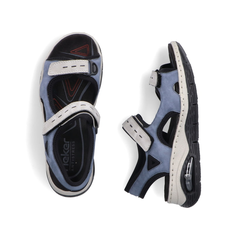 Blaue vegane Rieker Damen Trekkingsandalen 67666-10 mit Rieker Air Sohlenfenster. Schuh von oben, liegend.