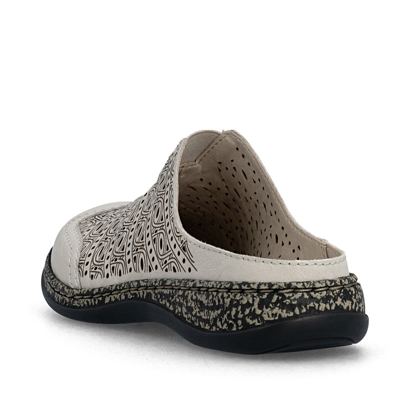 Beige Rieker Damen Clogs 46376-60 aus Glattleder mit eleganten Zierlochungen. Schuh von hinten.