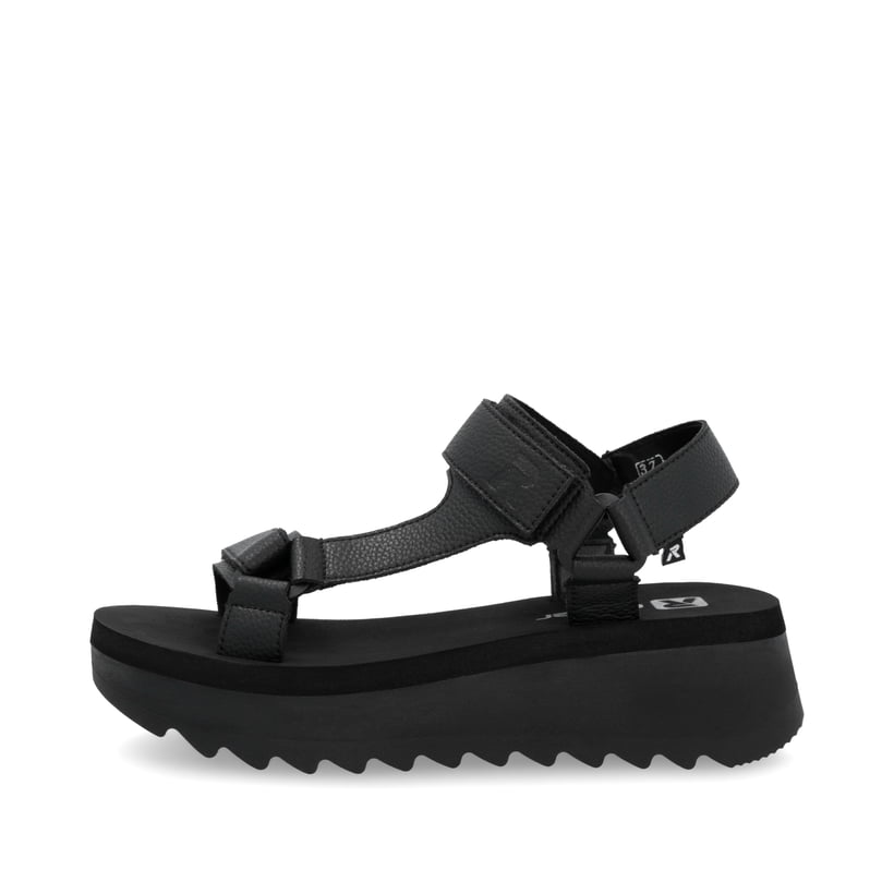 Schwarze Rieker Damen Riemchensandalen W3051-00 mit einem Klettverschluss. Schuh Außenseite.