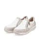 Weiße Rieker Damen Slipper N1151-61 mit einem Reißverschluss sowie Extraweite H. Schuhpaar seitlich schräg.