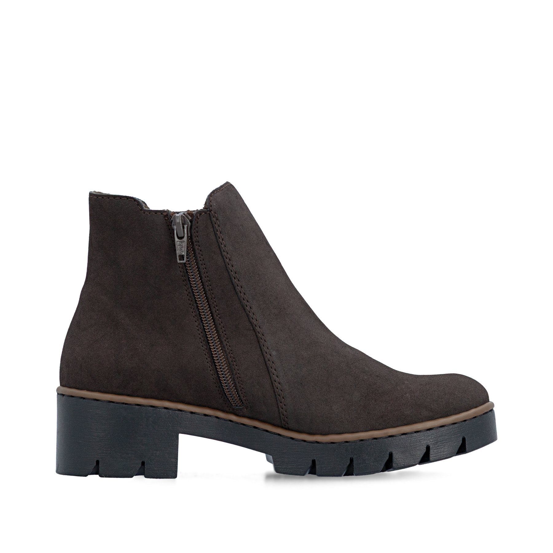 Dunkelbraune Rieker Damen Chelsea Boots X5772-25 mit einem Reißverschluss. Schuh Innenseite.