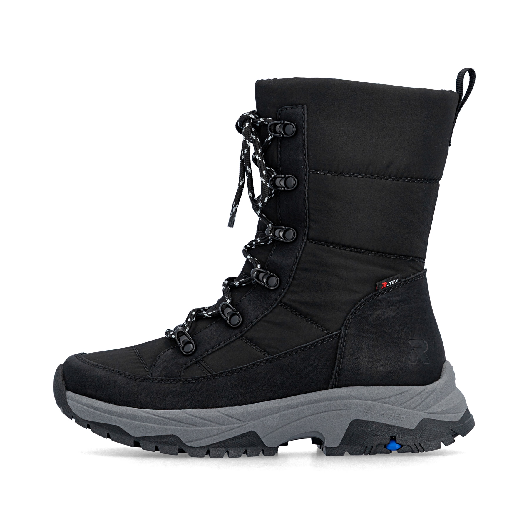 Schwarze Rieker Damen Kurzstiefel Z3950-00 mit dem umdrehbaren Glacier Grip. Schuh Außenseite.