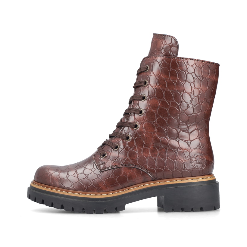 Vegane, braune Rieker Damen Biker Boots 72627-25 mit einem Reißverschluss. Schuh Außenseite.
