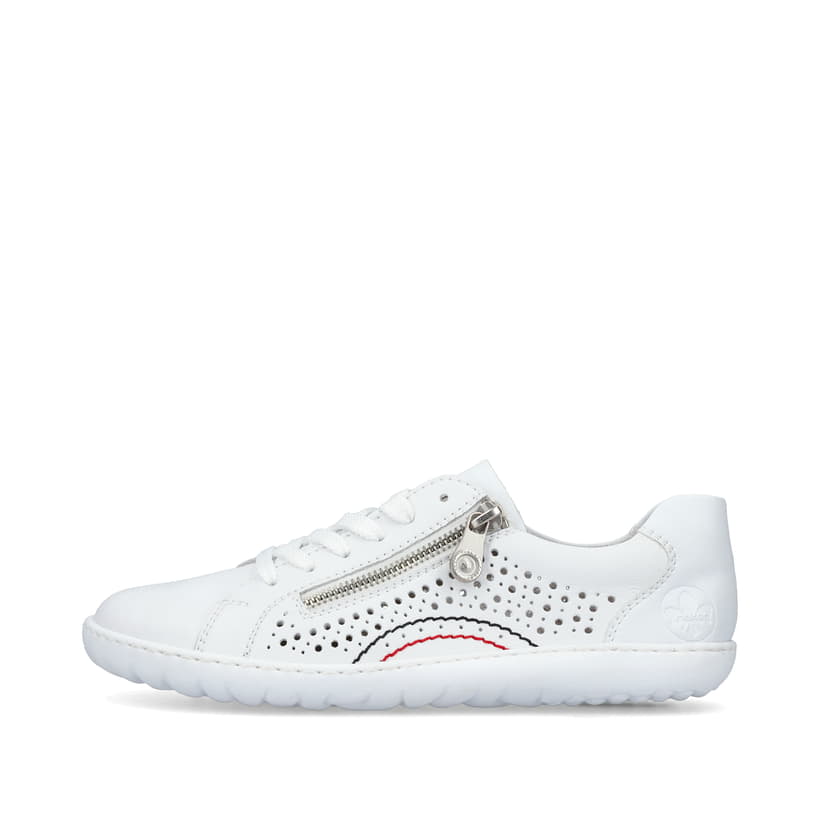 Weiße Rieker Damen Schnürschuhe 52824-80, Barfußschuhe mit runden Ziernähten. Schuh Außenseite.