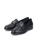 Schwarze Rieker Damen Loafer 46262-01 mit Gummizug sowie extra weicher Decksohle. Schuhpaar seitlich schräg.