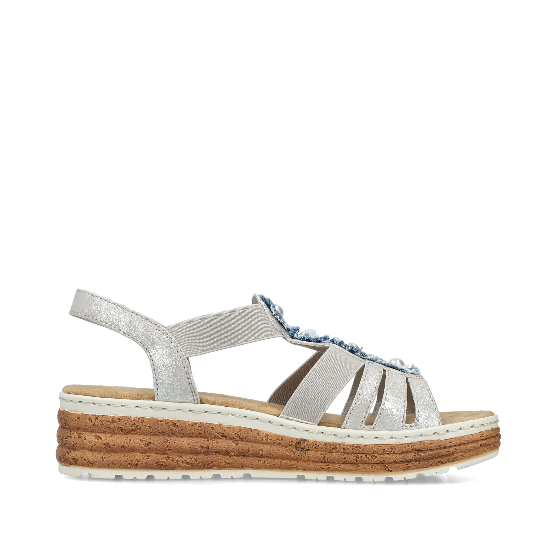 Graue Rieker Keilsandaletten 62771-40 mit Schmuckelementen sowie einem Gummizug. Schuh Innenseite.