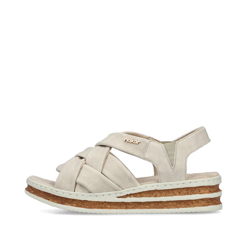 Beige Rieker Keilsandaletten 62908-60 mit Gummizug sowie schmaler Passform E 1/2. Schuh Außenseite.