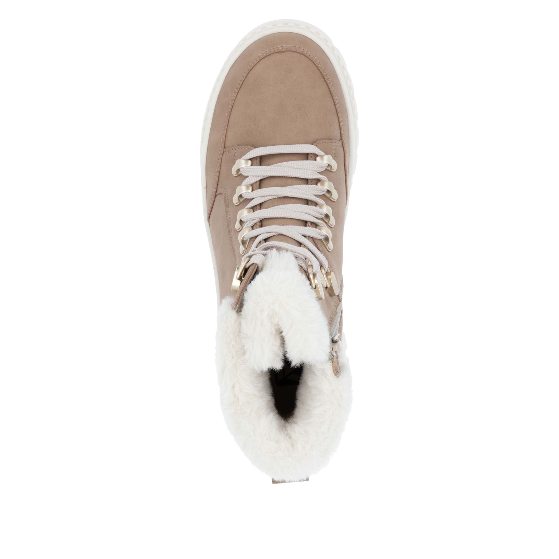 Beige-weiße Rieker Damen Schnürstiefel W2174-20 aus Rauleder. Schuh von oben.